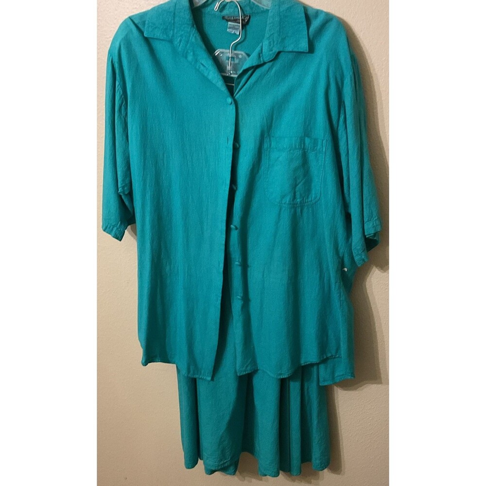 VTG Rumba Anai 2 Pc Skirt Set L Teal Blue Cotton Handmade Ecuador Blouse Skirt